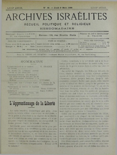 Archives israélites de France. Vol.67 N°10 (08 mars 1906)